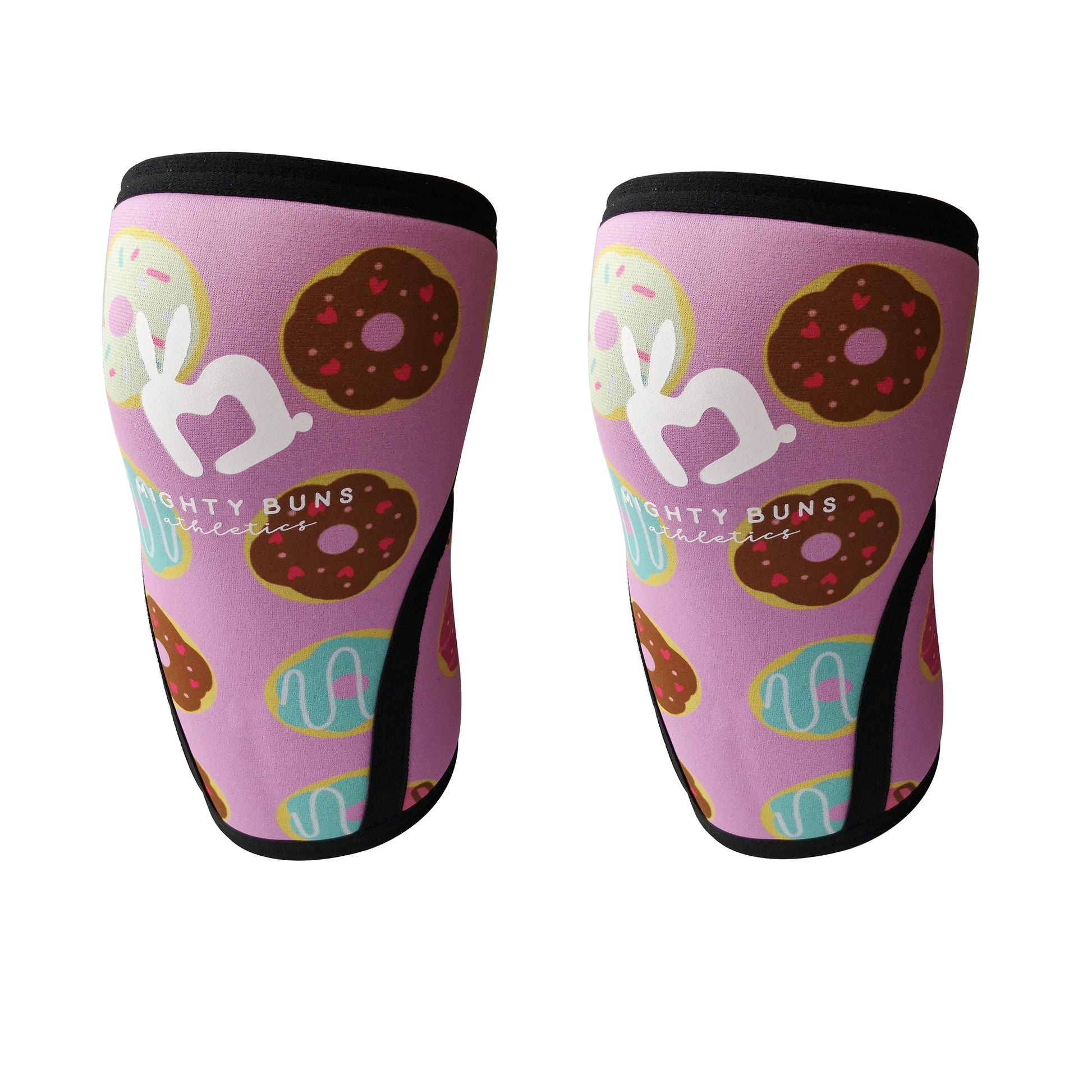 Donut knee sleeves, women lifting knee sleeves, women sizes, feminine knee sleeve designs, 7mm knee sleeves, high quality knee sleeves, cute design, pink color knee sleeves, blue green, mighty buns athletics
