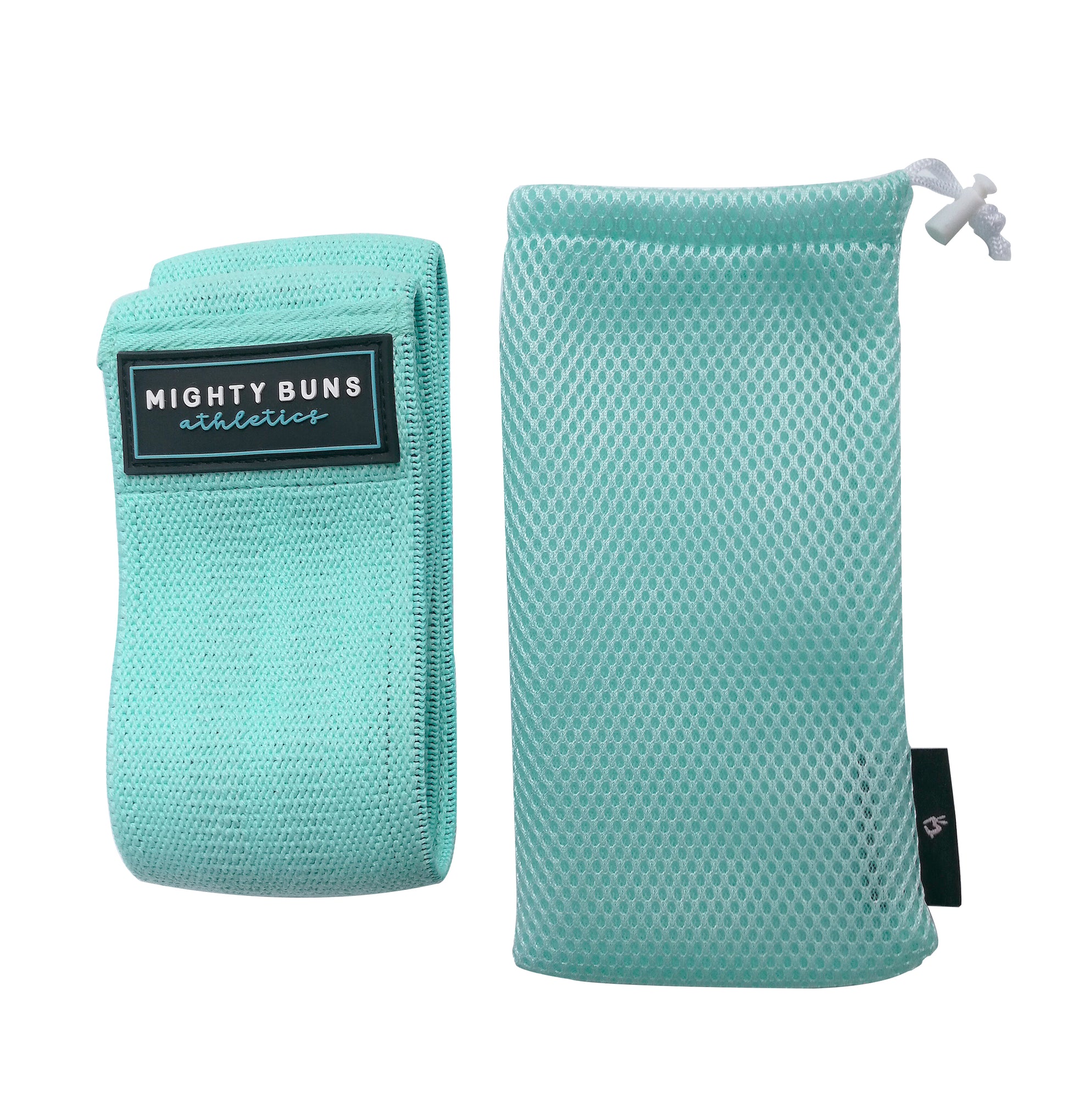 mint blue heavy duty resistance band, cotton and polyester, rubber threads and logo design, 200 lb heavy-duty resistance band, free mint mesh bag, squat, booty band, one size, mint green, mighty buns