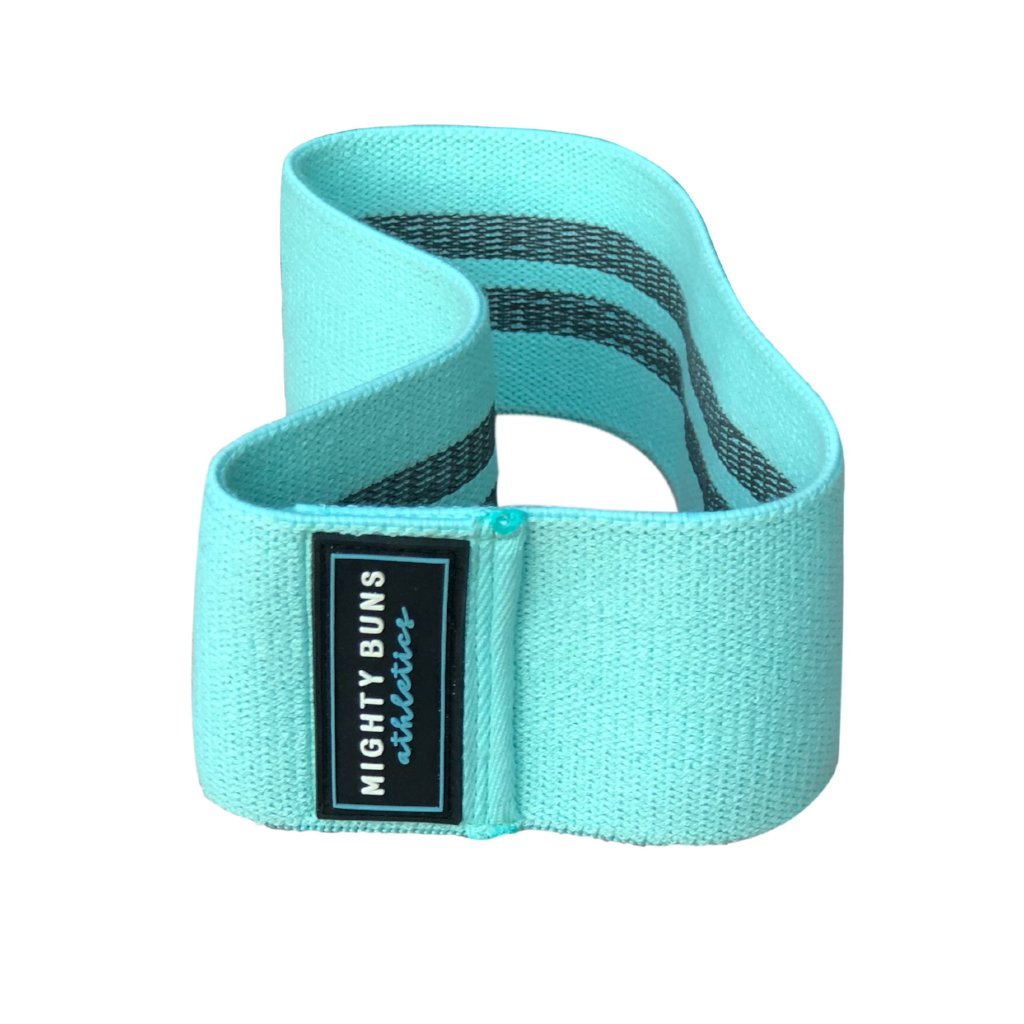mint blue heavy duty resistance band, cotton and polyester, rubber threads and logo design, 200 lb heavy-duty resistance band, free mint mesh bag, peach bands, booty band, slingshot